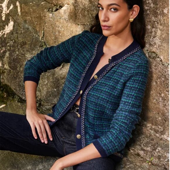 C by Bloomingdale's Cashmere Tweed Crewneck Cardigan-cashmere-black/green/gold - Picture 2 of 7